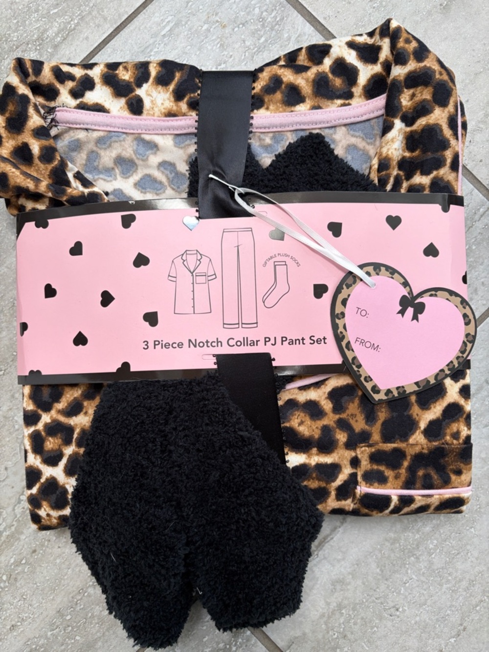 Leopard Print 3-Piece PJ Set with Black Fuzzy Socks